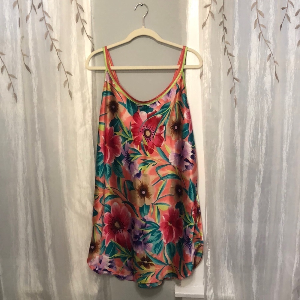 Just My Size Sleepwear Satin Tropical Floral Mini Dress Slip Nightgown